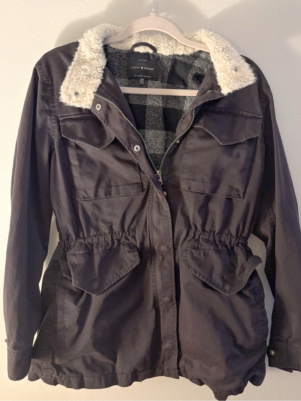 Lucky Brand Black Utility Jacket with Cream Sherpa Collar